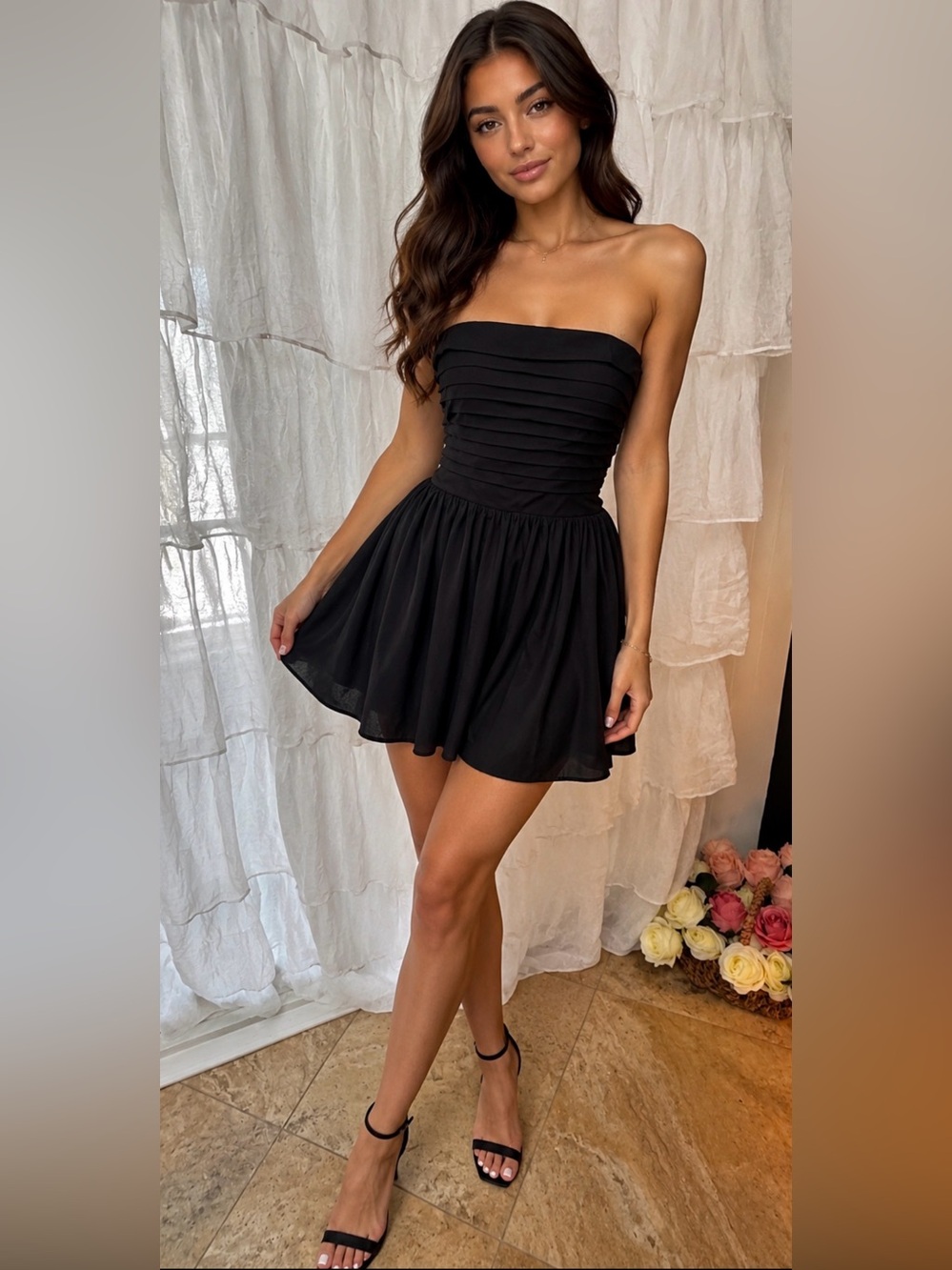 Wayf Black Strapless Pleated Fit-and-Flare Mini Dress